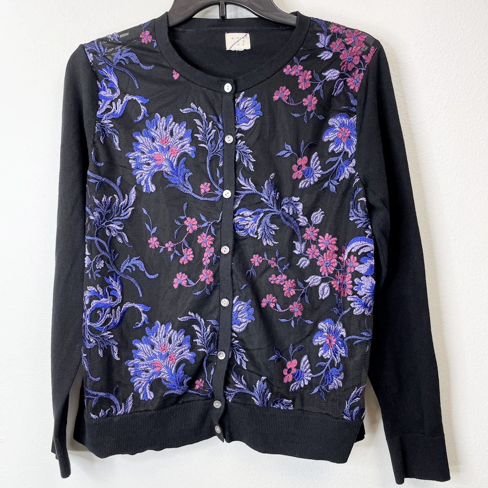 A New Day Embroidered Cardigan Size Large Floral Mesh Front Women's Sweater